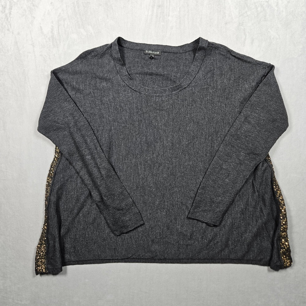 Eileen Fisher Sweater Womens Lare Gray Merino Wool Sequin Trim Scoop Neck Boxy